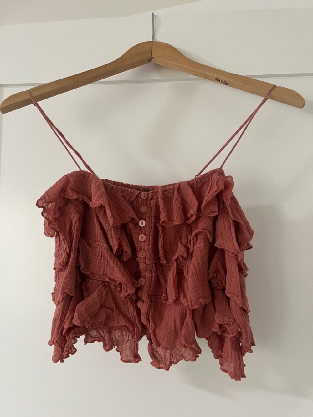 Free People Spaghetti Strap Ruffle Crop Top in Dusty Rose